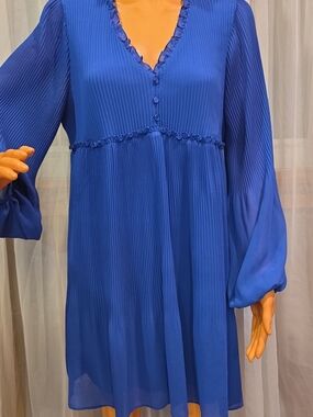 Cato Royal Blue Pleated V-Neck Long Sleeve Dress
